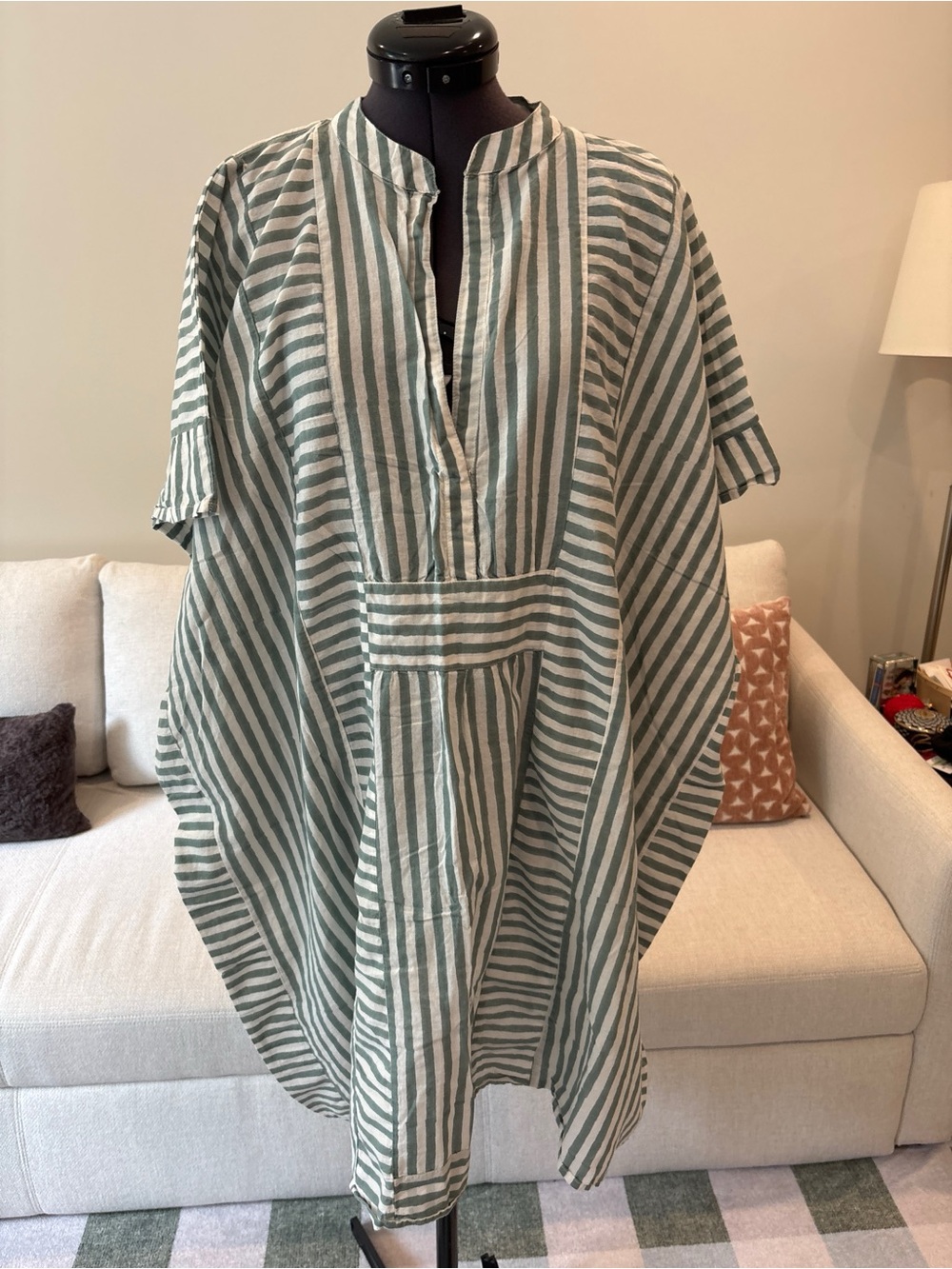 Emerson Fry India Collection Moss Green Stripe Short Caftan Dress